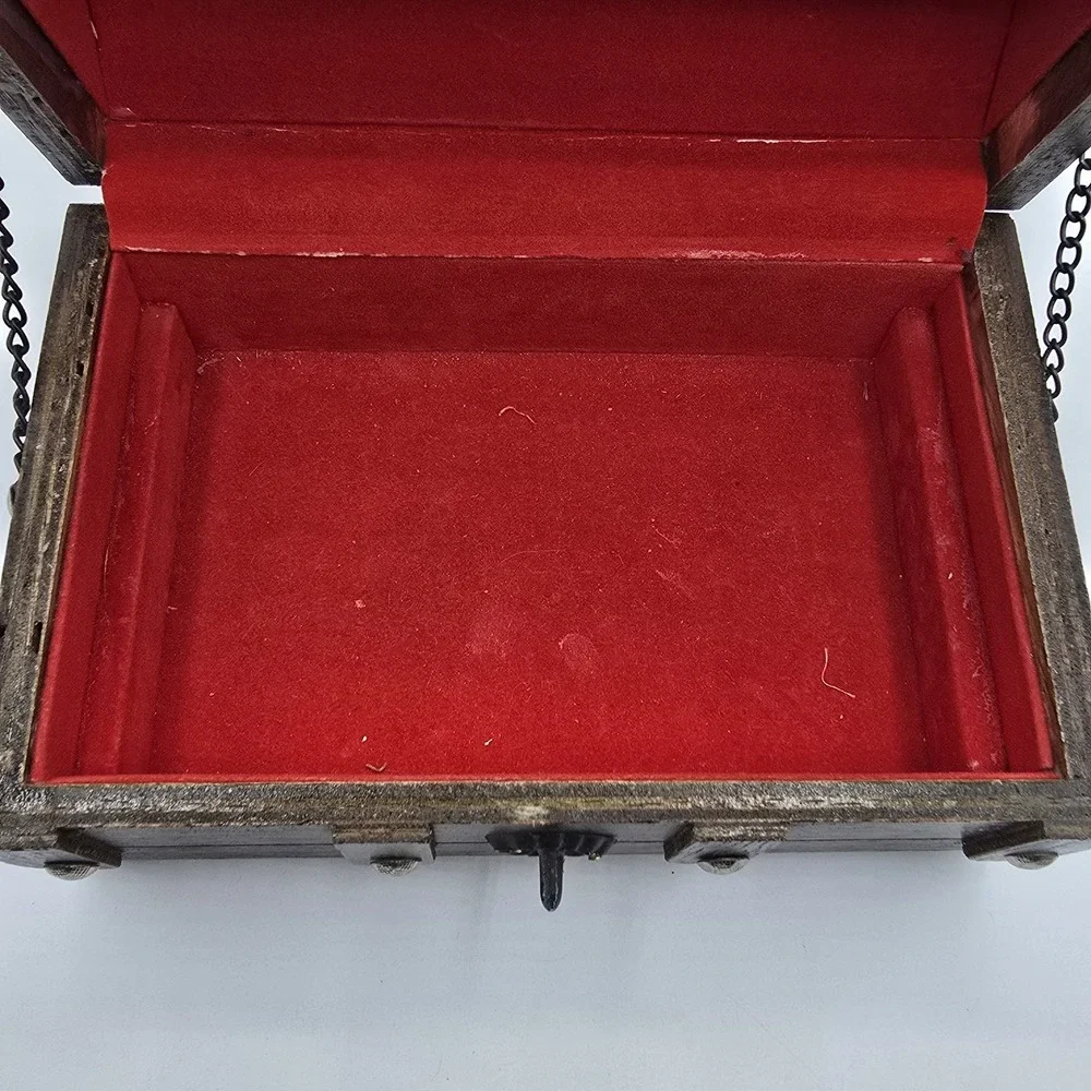 Wooden Pirate Style Jewelry Box Velvet Lined Removable Tray Vtg